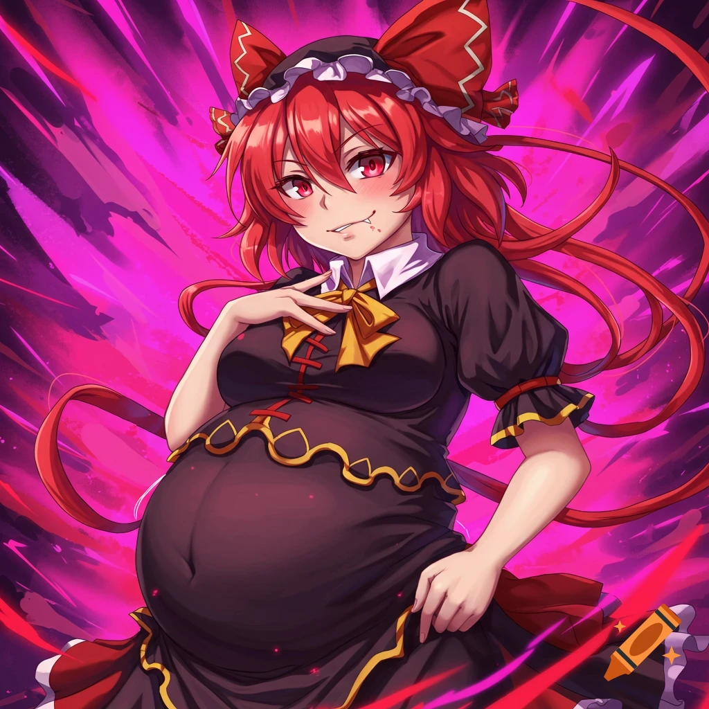 Anime illustration of a pregnant character with red hair and fangs on a purple background.