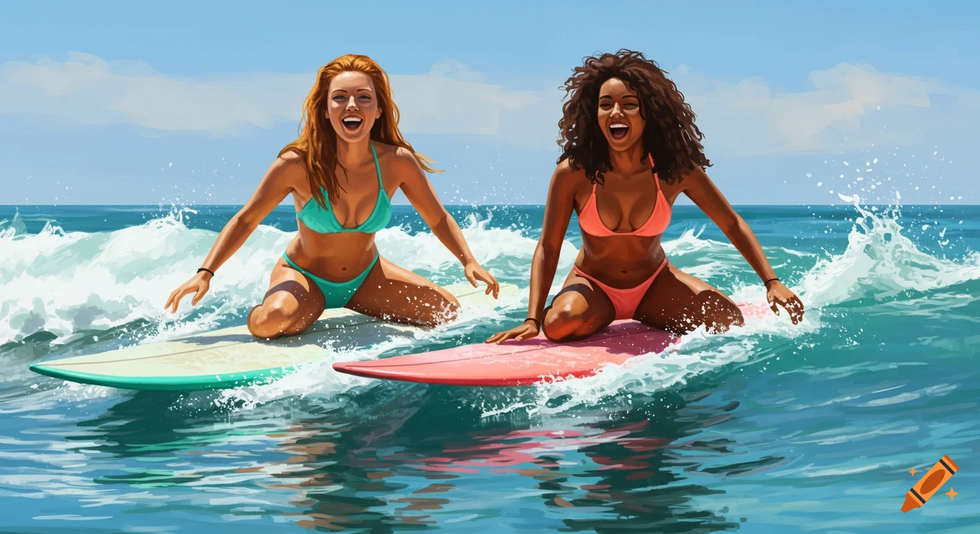 Two women surfing on waves, smiling, digital painting