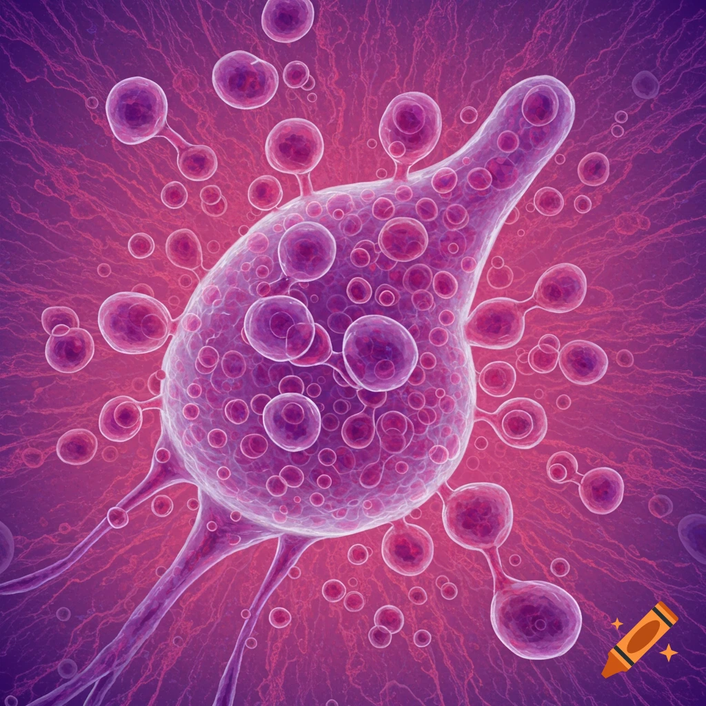 A microscopic view of a purple cell with numerous smaller spheres attached or budding, set against a red background.