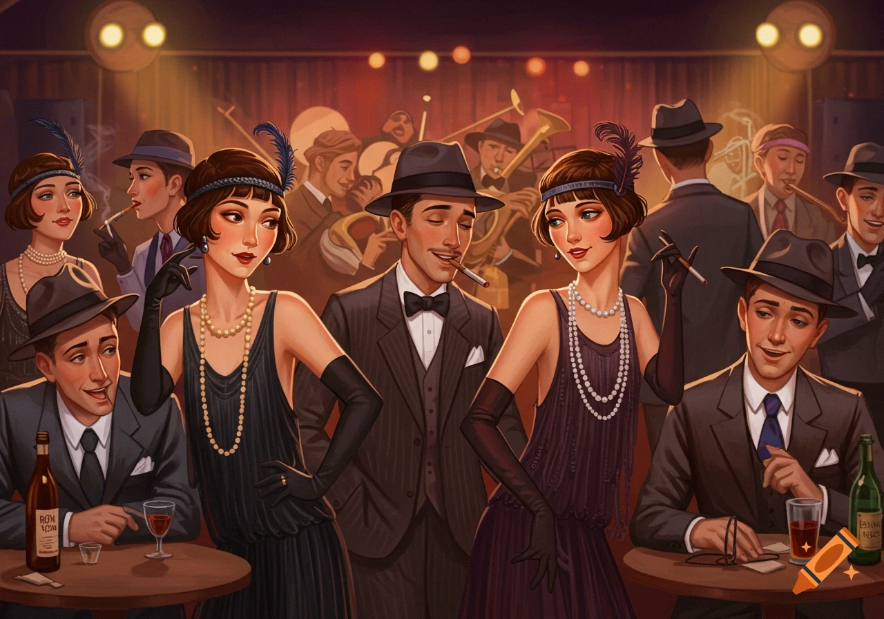 An illustration of people dressed in 1920s fashion in a speakeasy with a band.