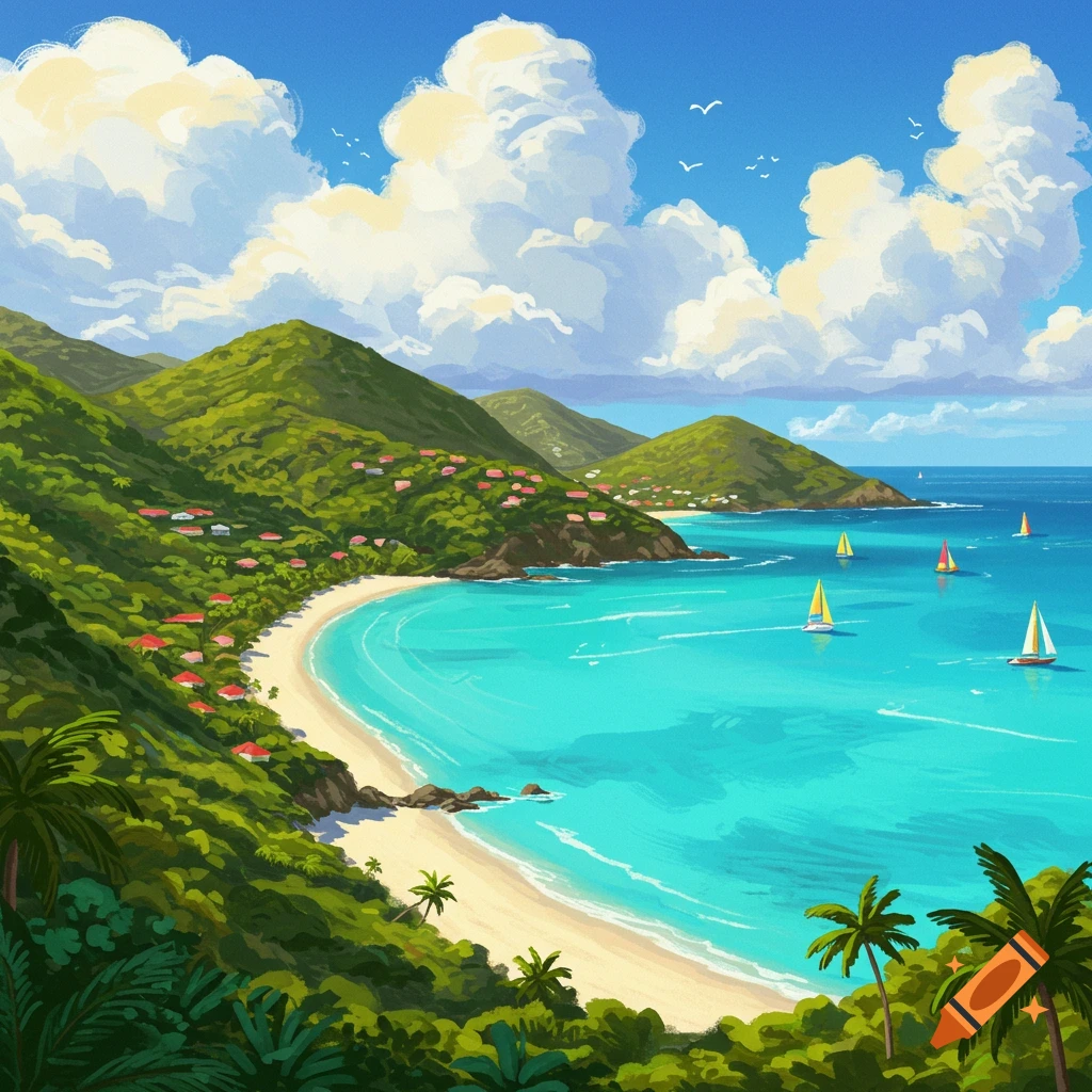 Painterly tropical landscape of a bay with green islands, beach, turquoise water, and sailboats under a blue sky.