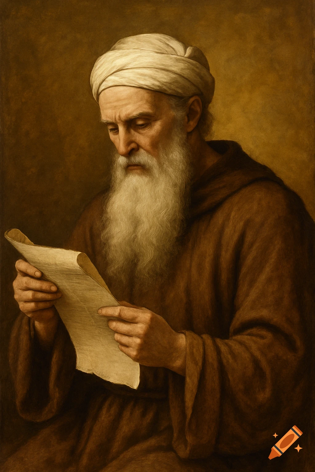 An old man with a white beard and turban reads a scroll, in a classical painting style.