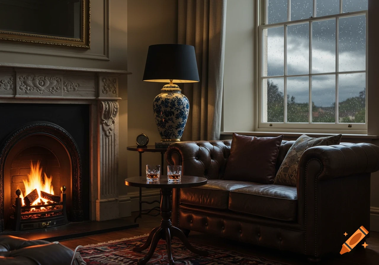 Photorealistic image of a cozy living room with a fireplace, leather couch, lamp, and rainy view from a window.