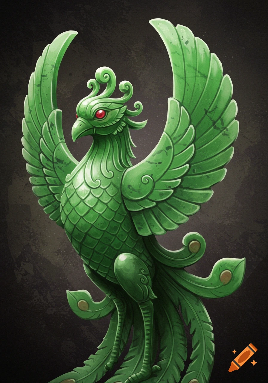 A statue of a green phoenix carved from jade with red eyes.