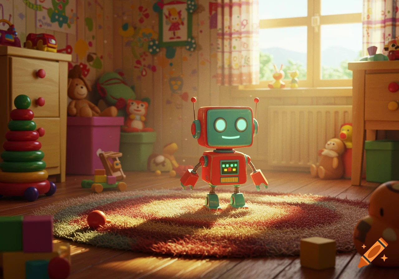 A small toy robot standing in a child's bedroom filled with toys.