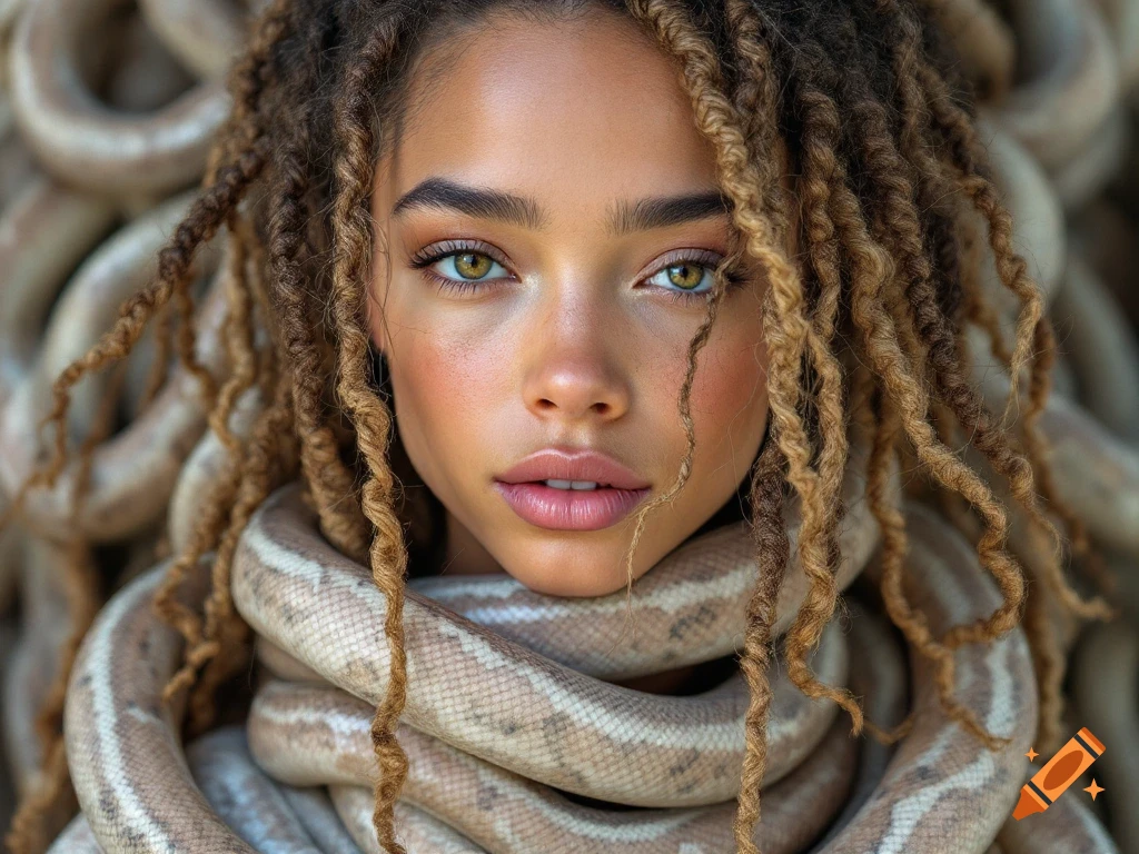 Close-up portrait of a woman with dreadlocks wrapped in snake coils.