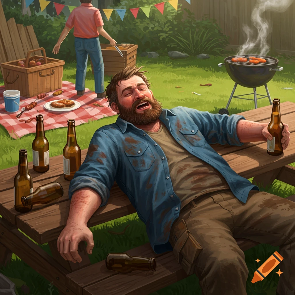 Bearded man lies on a picnic table holding a beer bottle, surrounded by empty bottles, at a BBQ.