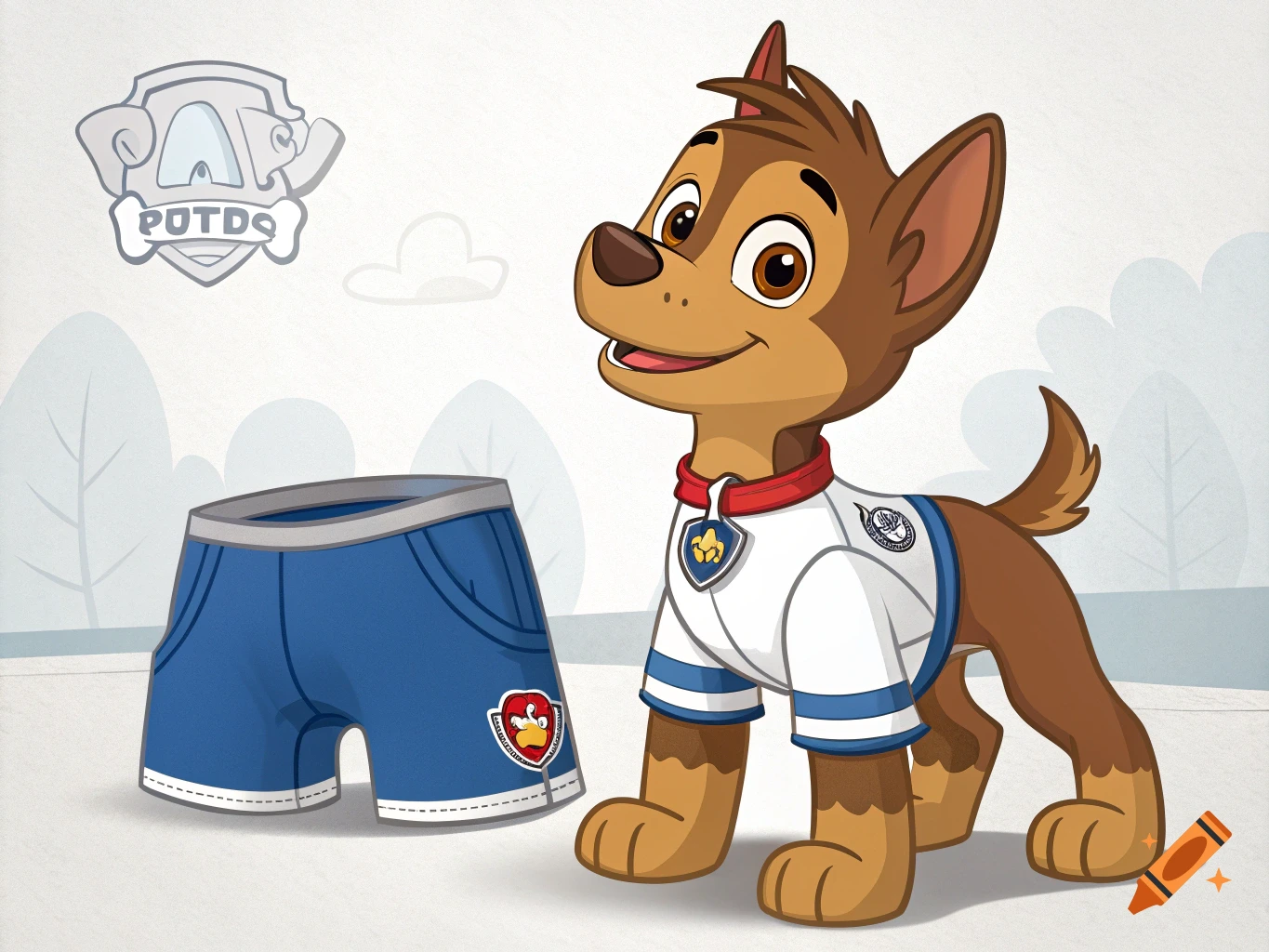 Cartoon of Chase from Paw Patrol in a t-shirt standing next to blue shorts.