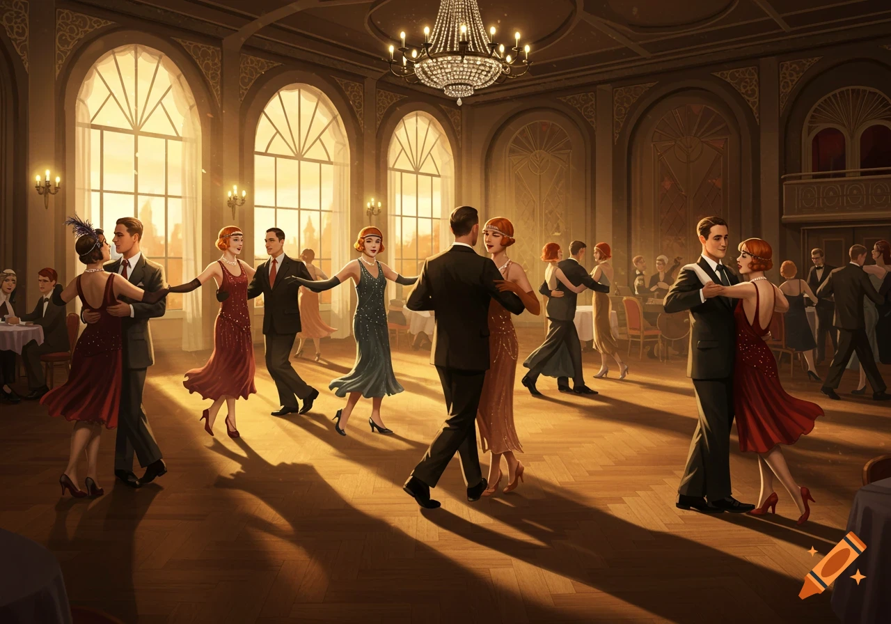 People dance in a grand tea dance hall from the 1930s.