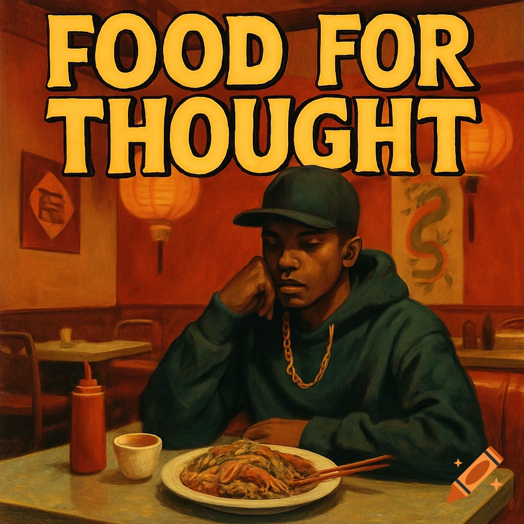 Illustration of a man sitting at a table in a Chinese restaurant with food, with the text 'FOOD FOR THOUGHT' above him.