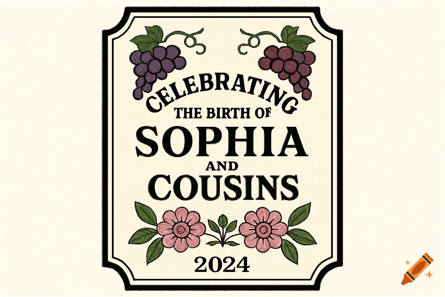 A decorative label with grapes, flowers, and text celebrating the birth of Sophia and cousins.