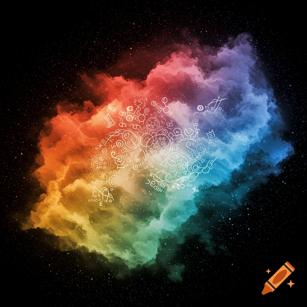 A colorful nebula-like cloud in space with white doodle line drawings inside.