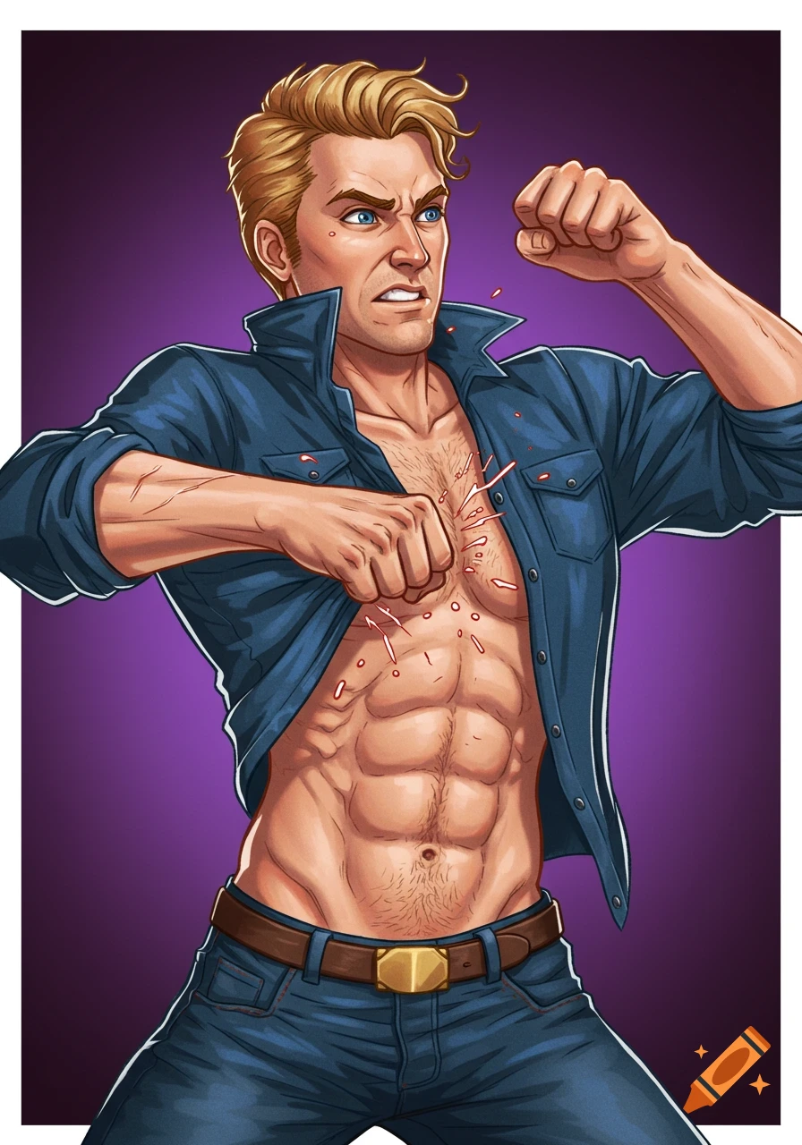 Comic art illustration of a muscular man punching his own chest.