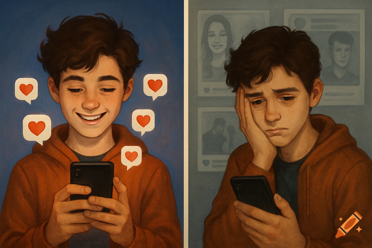 Split image of a young person: smiling at phone with likes vs. sad looking at phone with blurry social media profiles behind.
