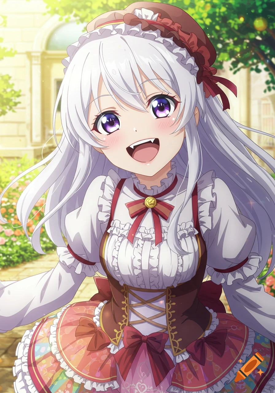 Anime girl with white hair and fangs wearing a frilly dress, smiling cheerfully
