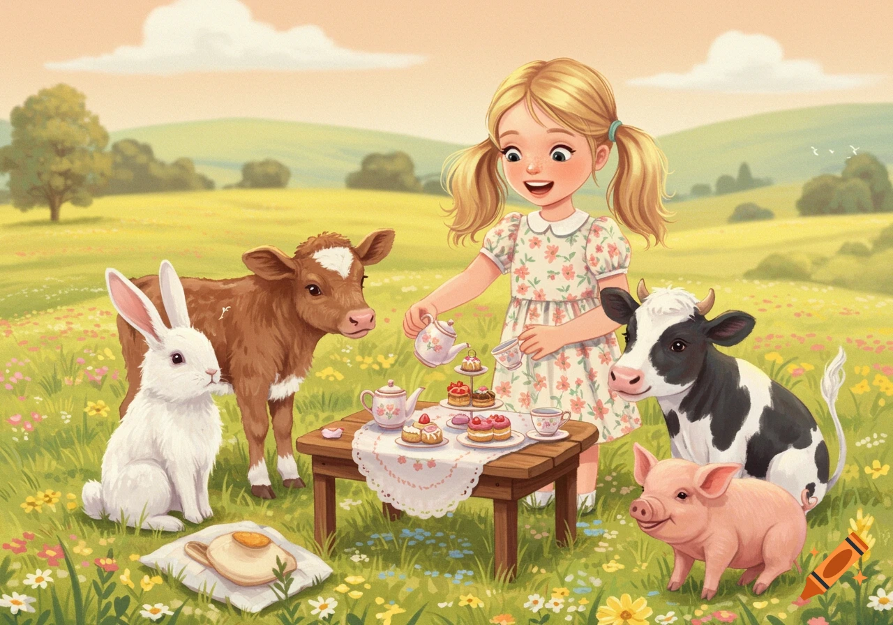 A girl and farm animals like a calf, cow, rabbit, and pig have a tea party in a flowery field. Illustration style.