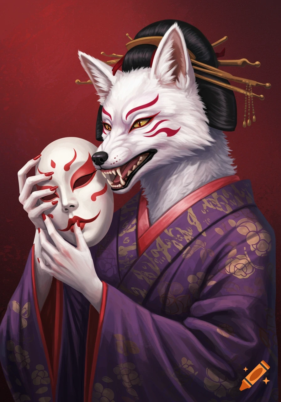 A white kitsune wearing a purple kimono holds a human mask with red markings.