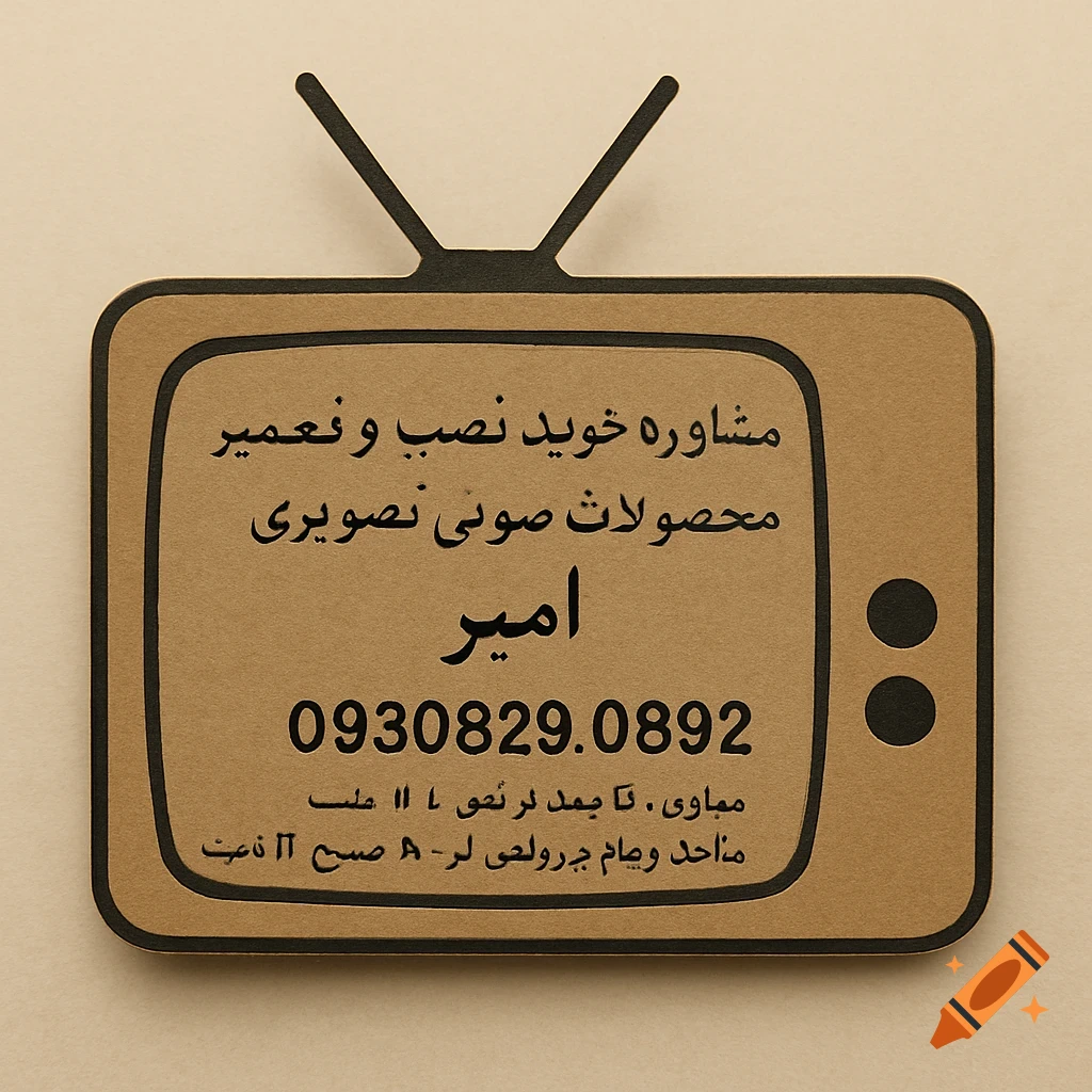 Business card shaped like a retro TV with Persian text and phone number.