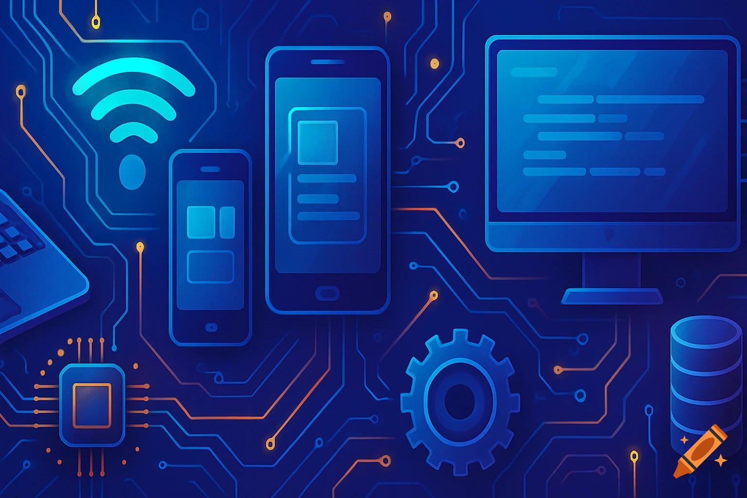 Stylized illustration of tech icons, circuit board lines, smartphones, monitor, CPU, gear, and database cylinders.