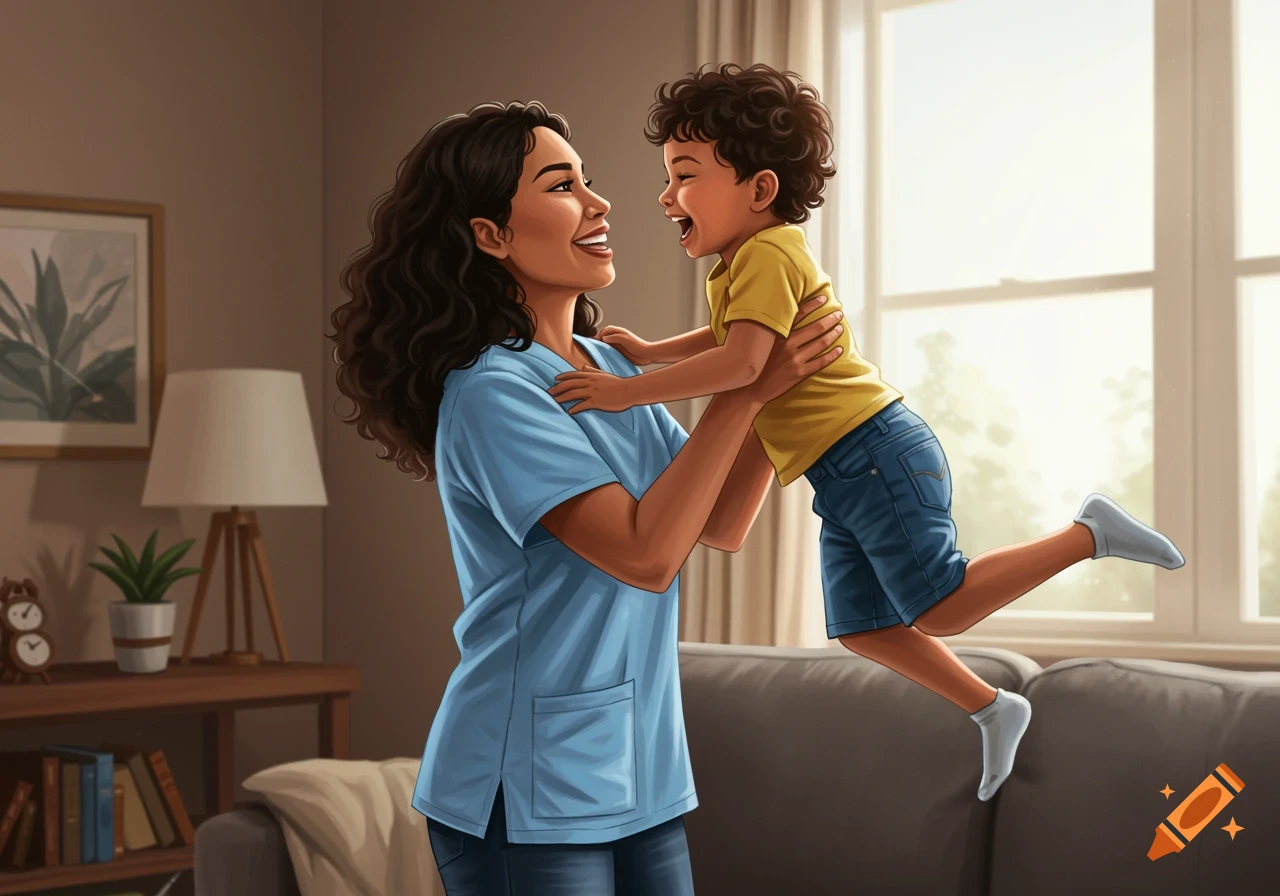 Illustration of a woman in blue lifting a laughing boy in yellow in a sunlit room.