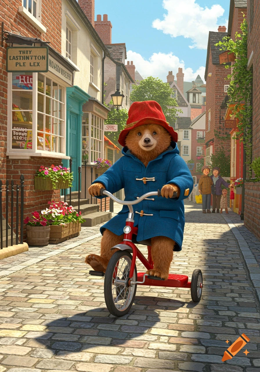 Paddington Bear rides a red tricycle down a cobblestone street past shops