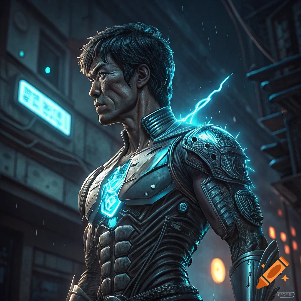 Bruce Lee as a cyborg warrior in futuristic armor with lightning, sci-fi art