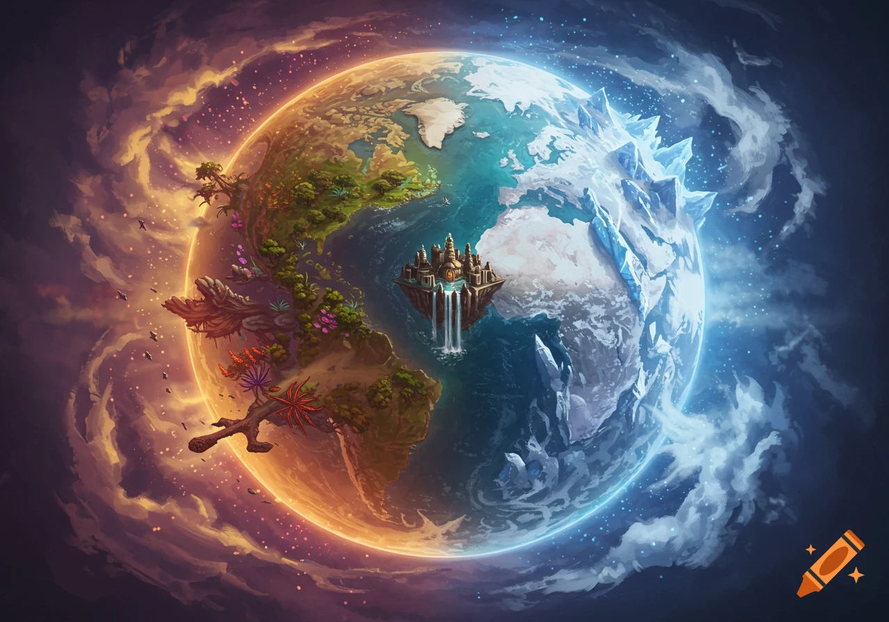 Fantasy planet split warm and cold, with floating castle