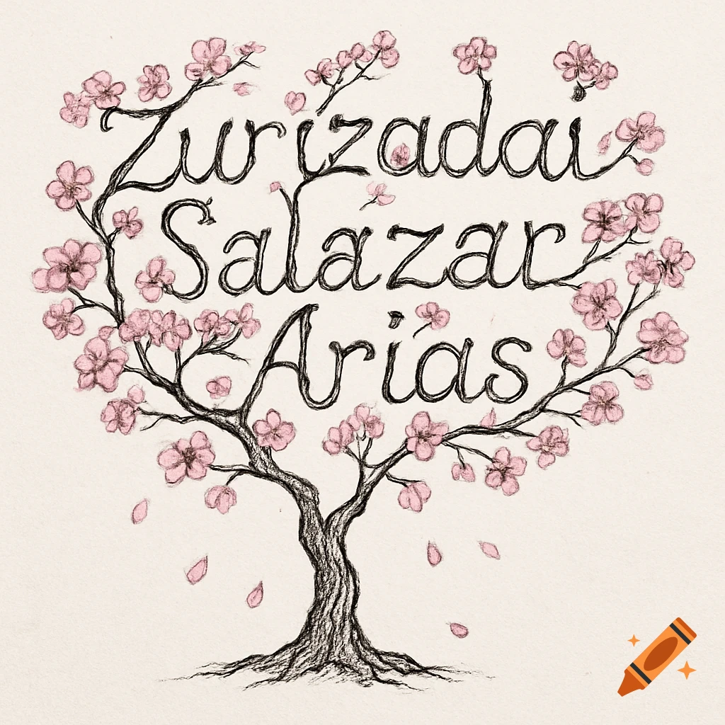 Sketch drawing of a cherry blossom tree with branches forming the text 'zurizadai salazar arias'.