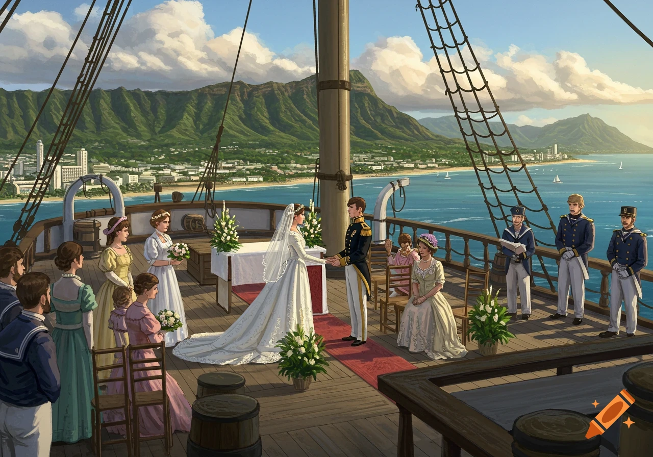 Illustration of a wedding on a ship deck with mountains and a coastline in the background.