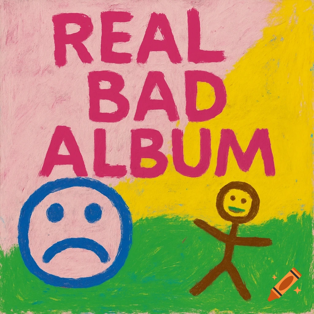 Crude album cover drawing with 'REAL BAD ALBUM' text, sad face, and happy stick figure.