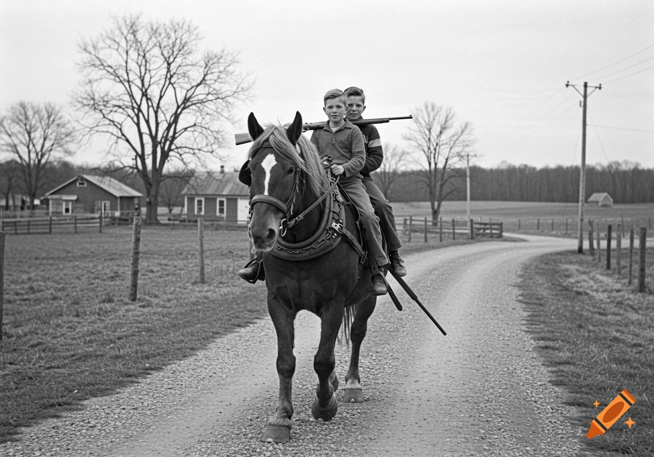 Two boys ride a horse on a gravel road past a farm. Black and white photograph.