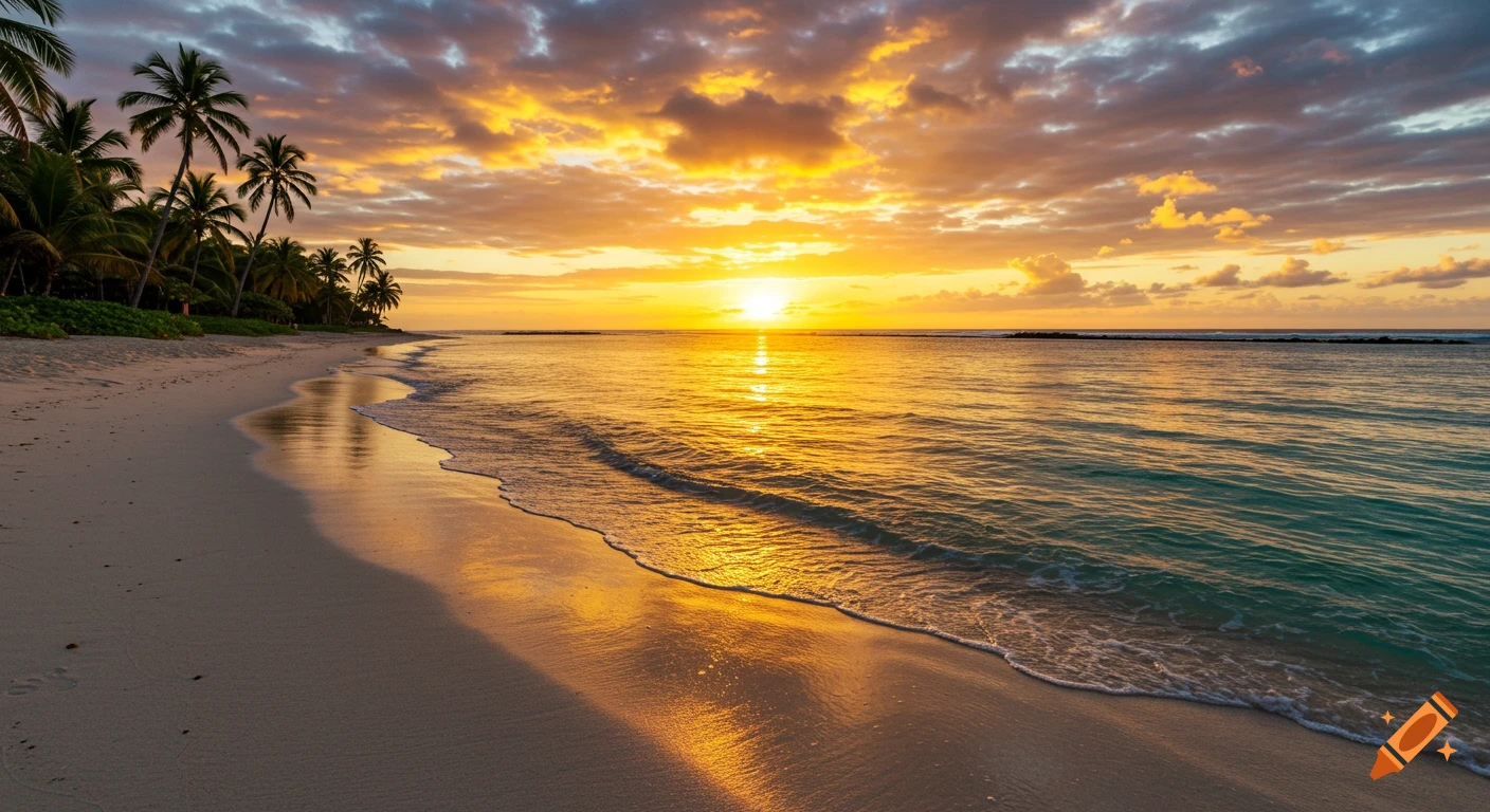 A vibrant sunrise over a sandy beach with palm trees and turquoise water.