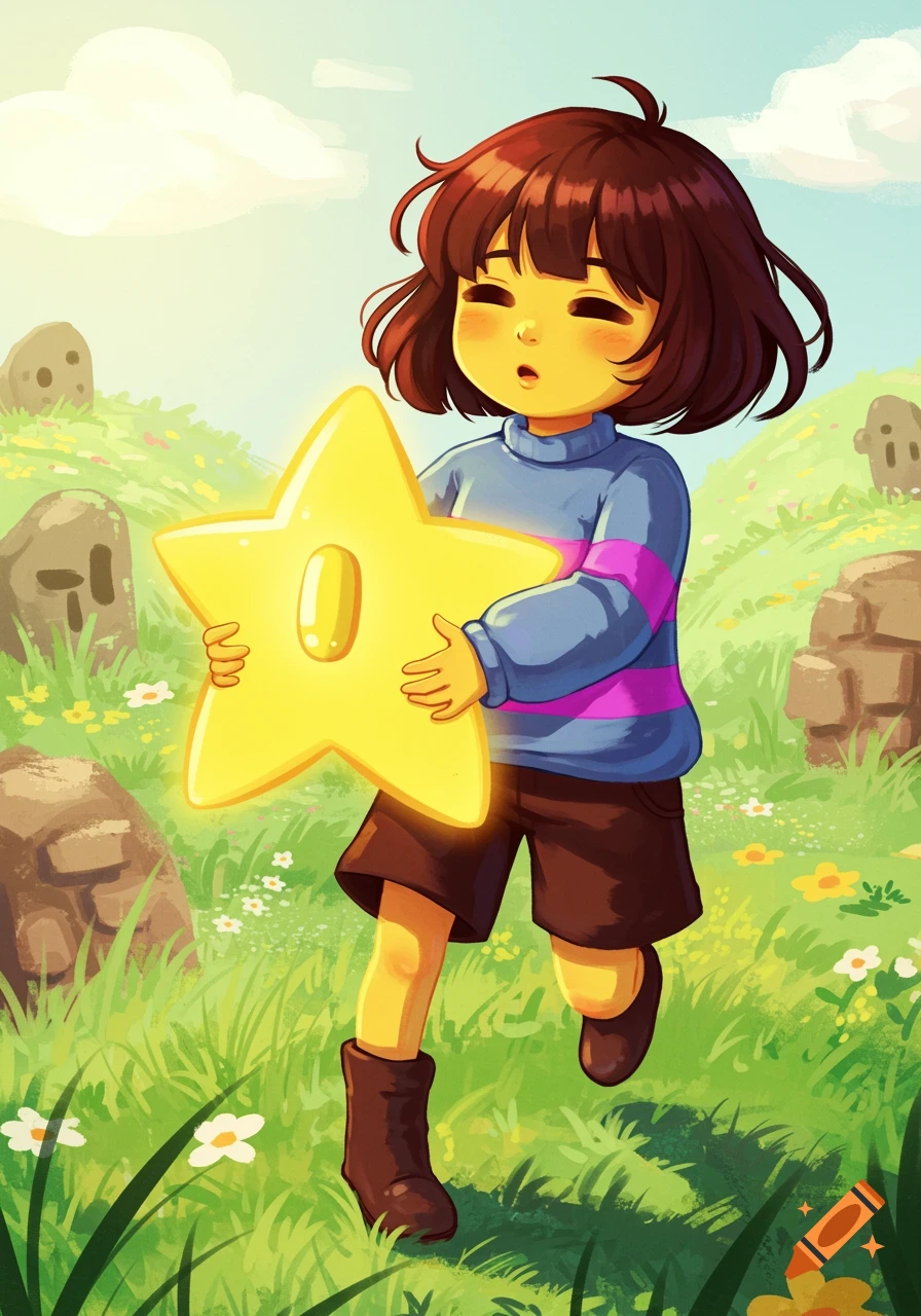 Illustrative art of Frisk from Undertale holding a checkpoint star in a sunny field.