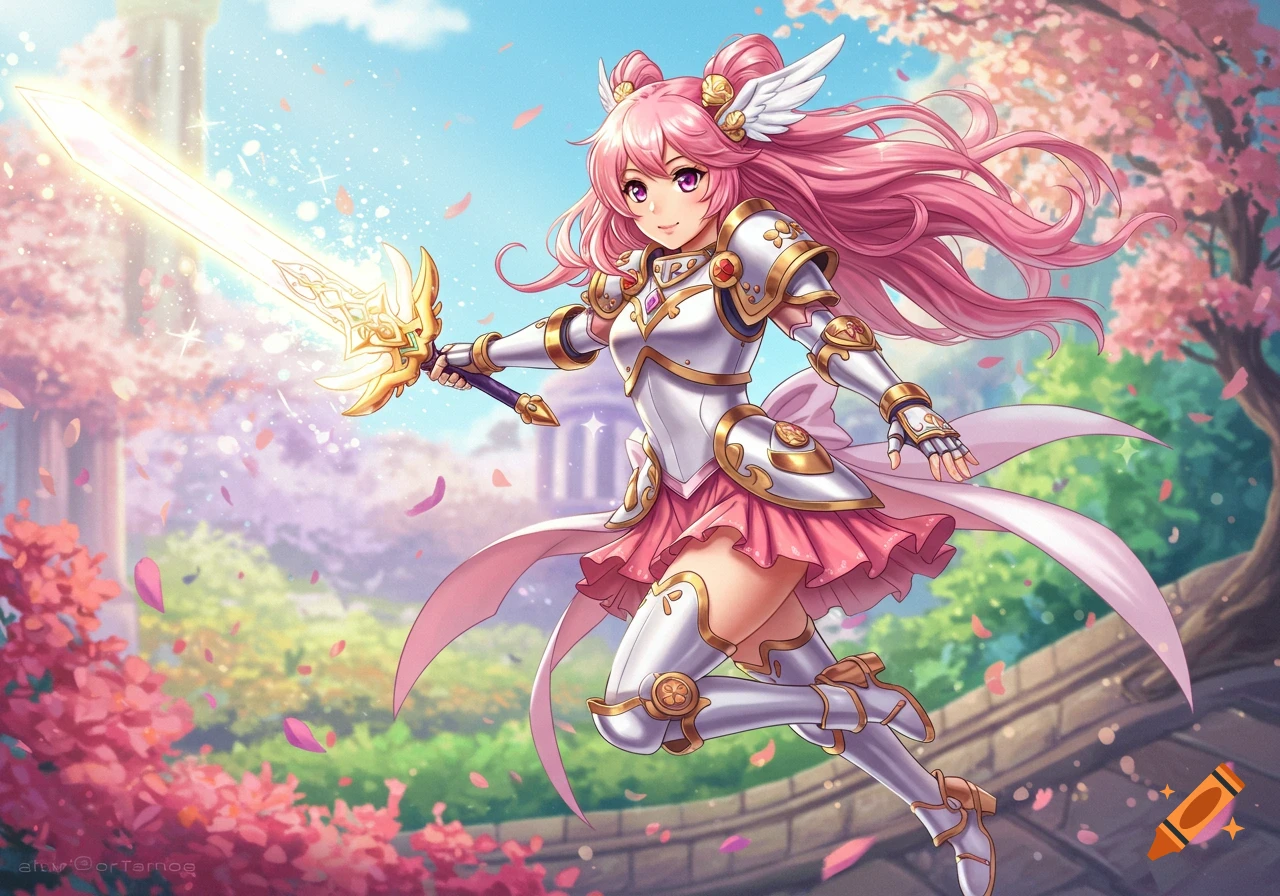 Anime fantasy girl in armor with pink hair holds a glowing sword in a garden with cherry blossoms.