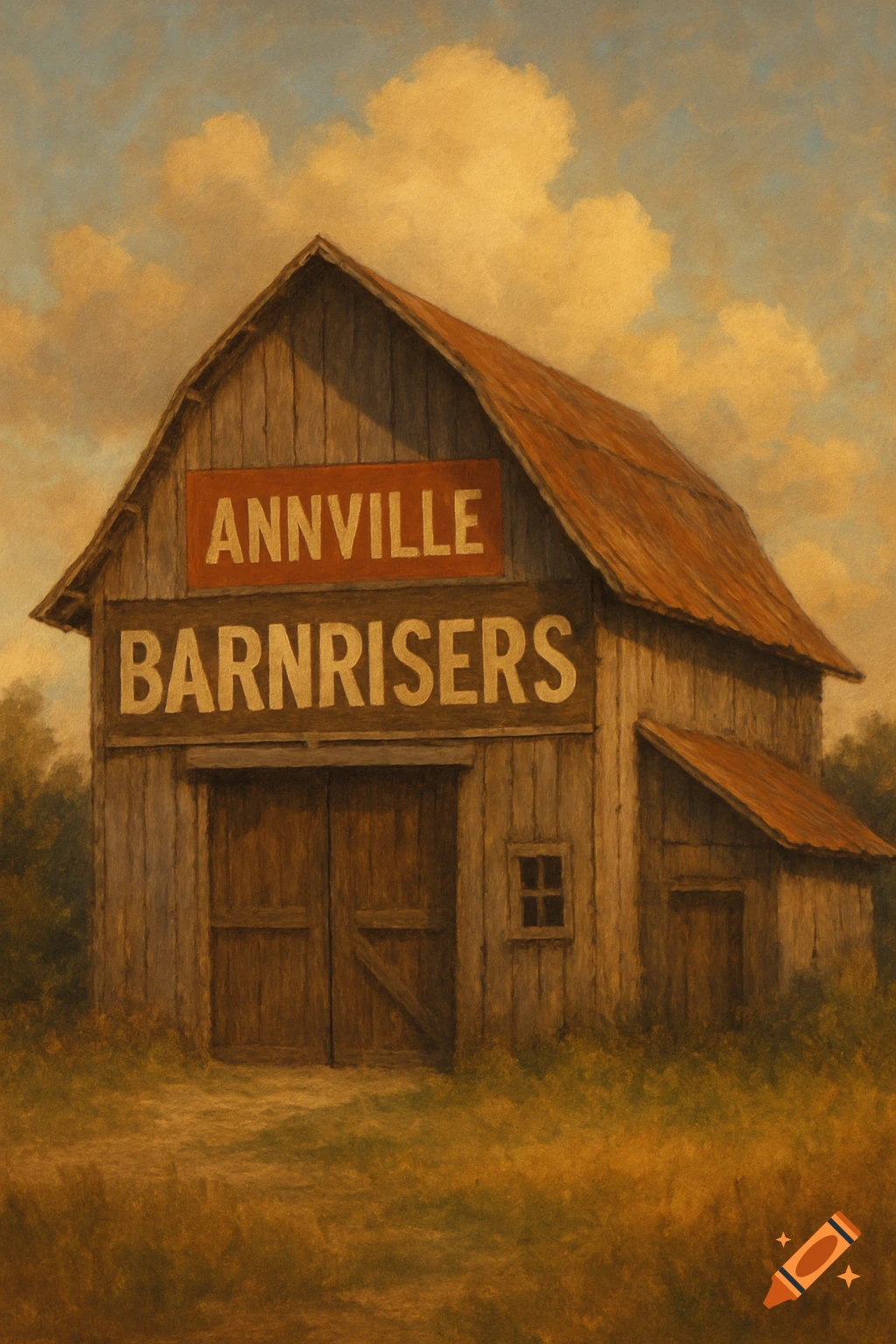 Painting of a barn with 'Annville BarnRisers' written on it.
