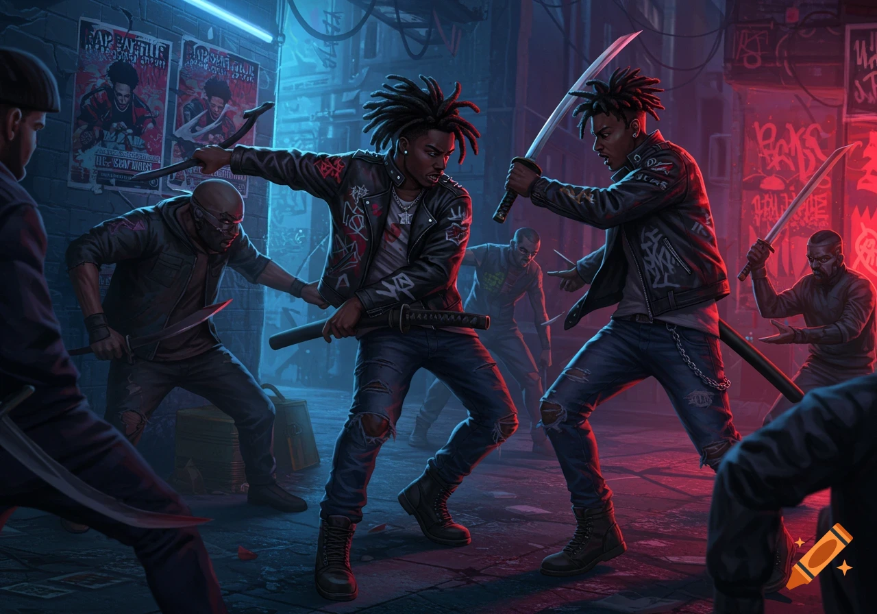 Two young men sword fighting in a dark, neon-lit alley against several opponents. Stylized urban action scene.