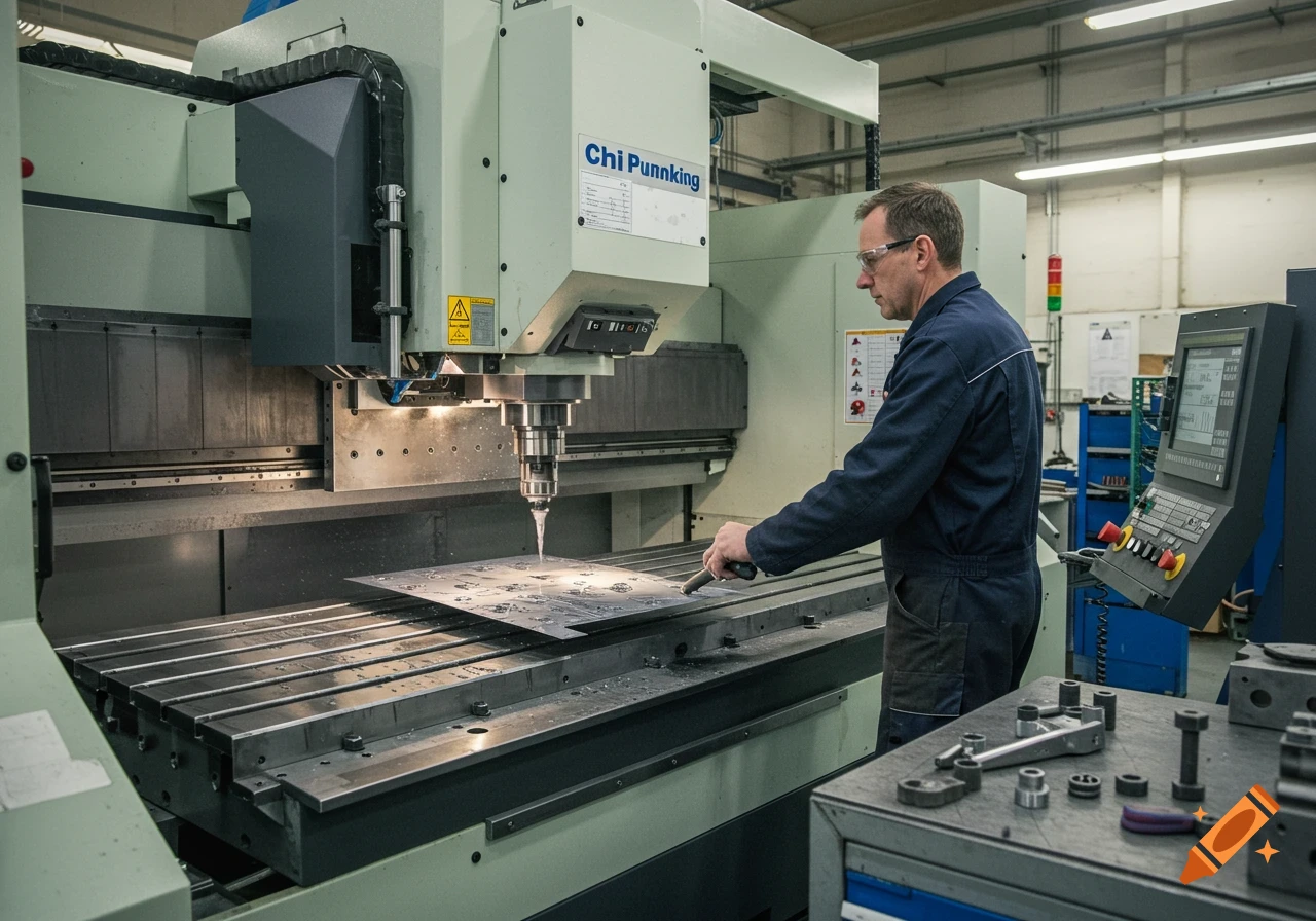A man operates a large industrial CNC machine in a workshop.