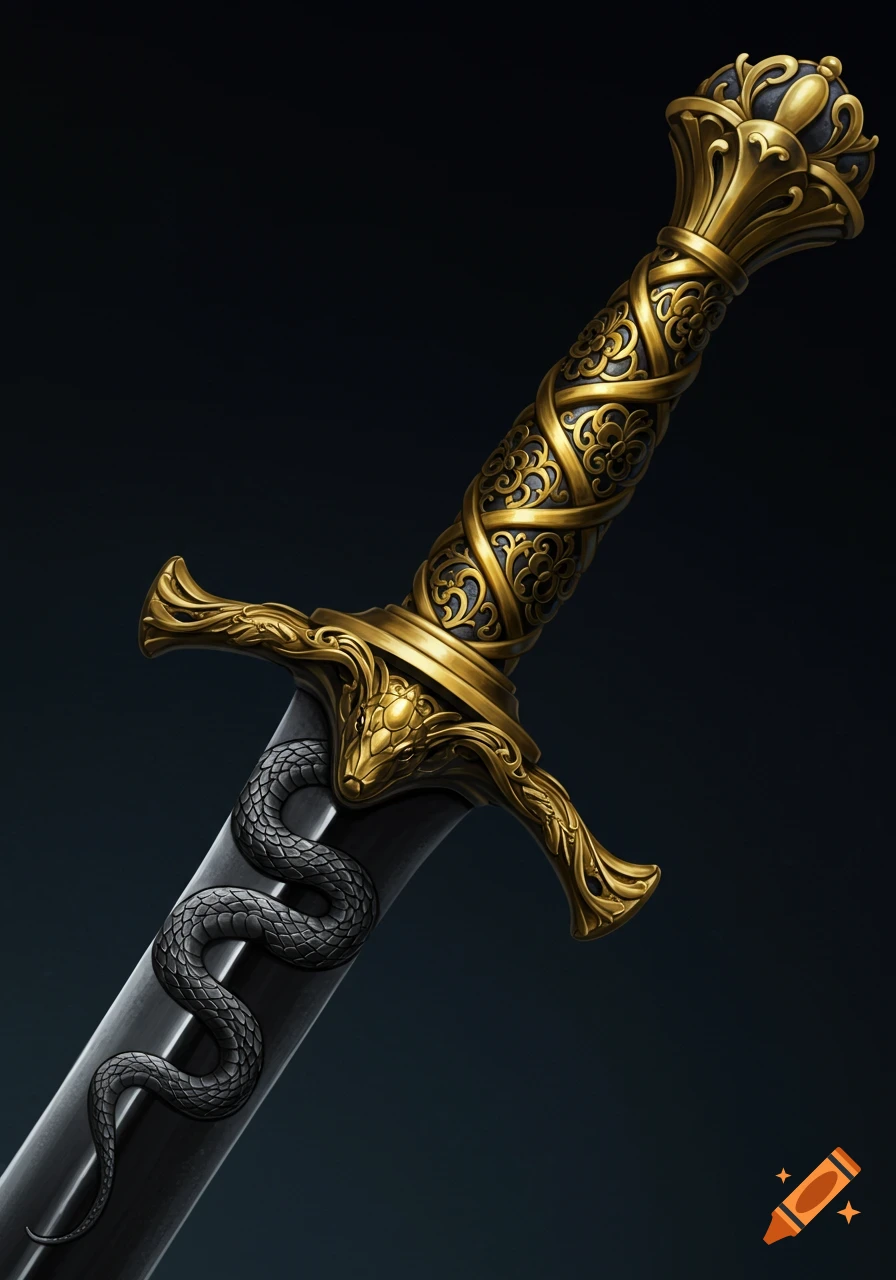 Close-up of a fantasy sword with a golden handle and a black serpent wrapped around the blade.