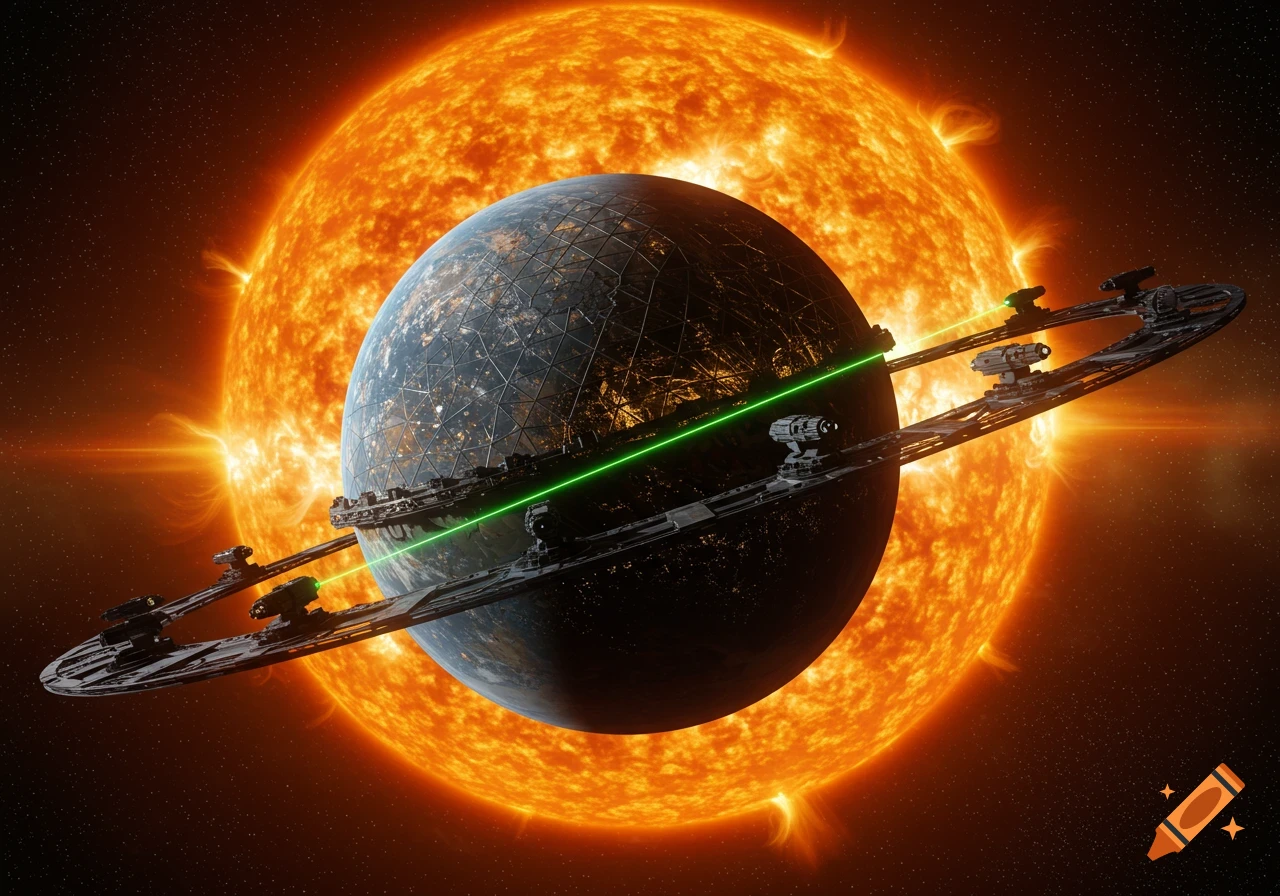 A large, ringed planet with orbital structures and a green laser beam orbits a bright sun in space.