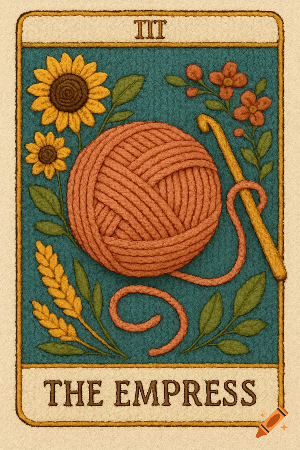 Tarot card illustration of The Empress, featuring a yarn ball, crochet hook, sunflowers, and wheat.