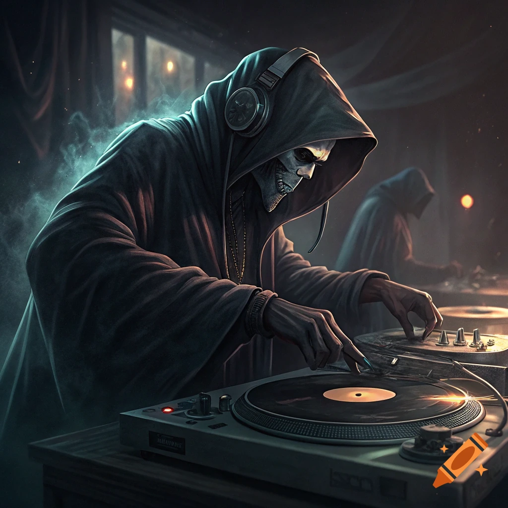 A skeleton figure in a dark hooded robe acts as a DJ, scratching records on turntables in a dim, atmospheric room.