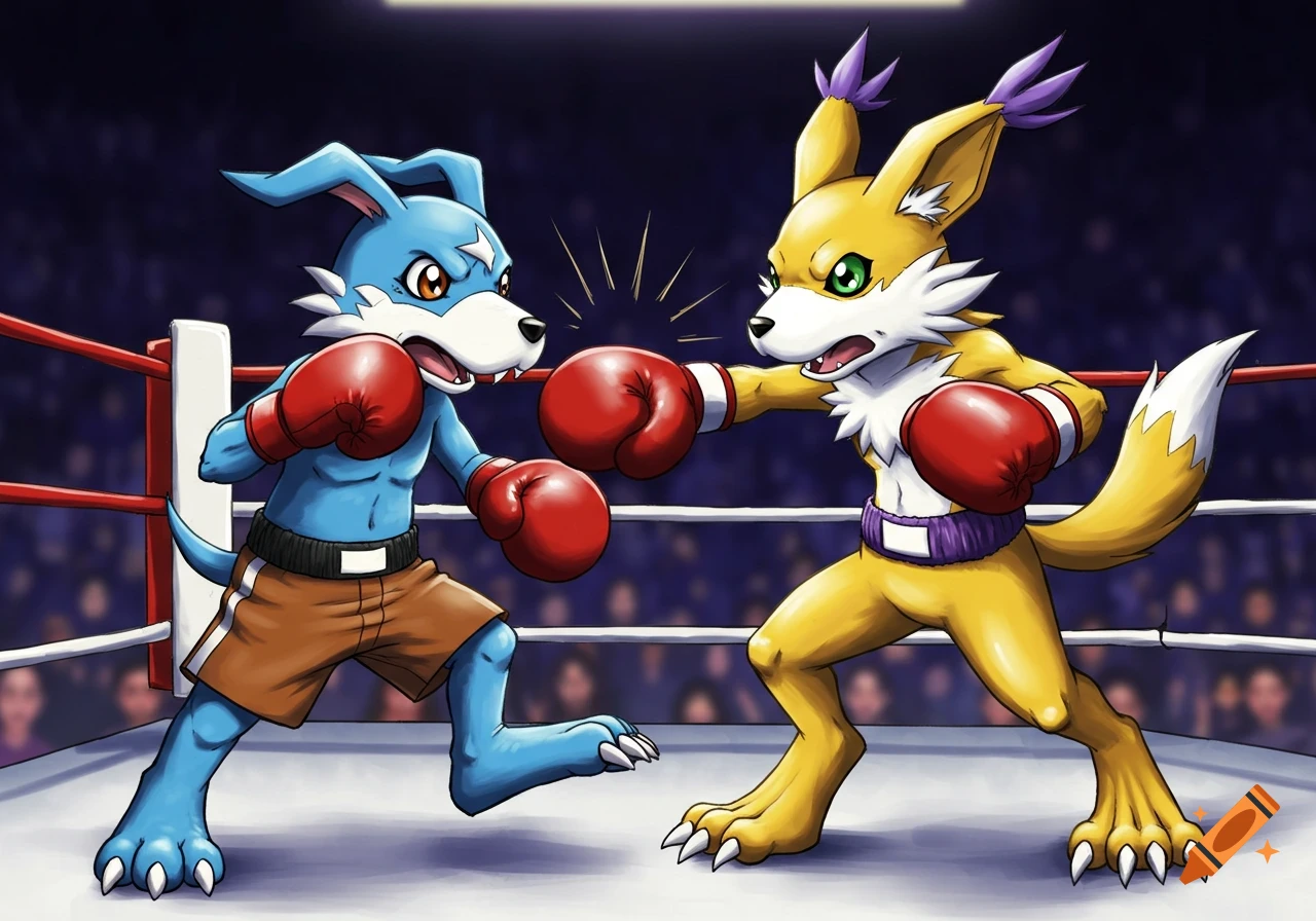 Anime style illustration of blue dog-like character boxing against yellow fox-like character in a ring.