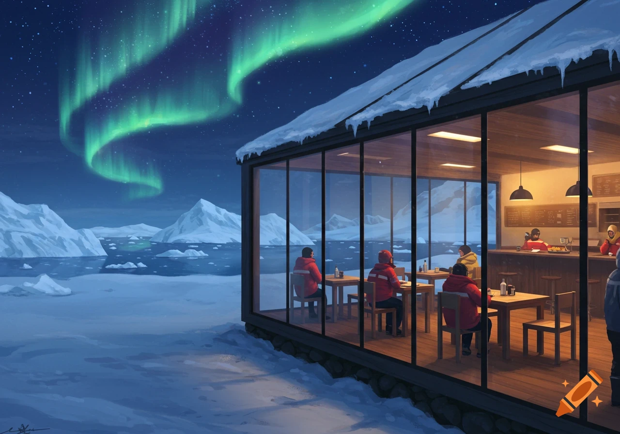 Cafe overlooking arctic landscape with Northern Lights and mountains.