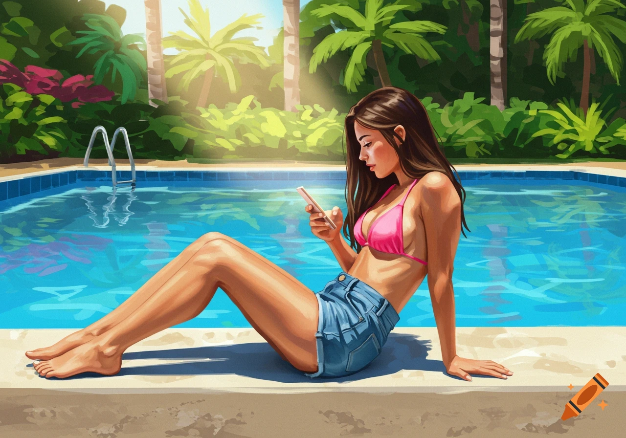Illustration of a woman in a bikini and shorts sitting by a pool and looking at her phone.