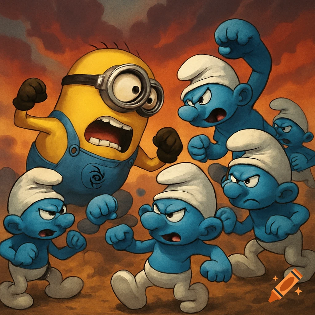 A large yellow Minion confronts several small blue Smurfs, who look angry and ready to fight, in a stylized illustration against an orange sky.