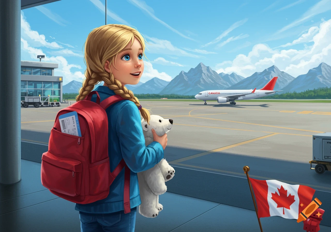 Illustration of a girl with backpack and stuffed bear looking out airport window at an airplane and Canadian flag.