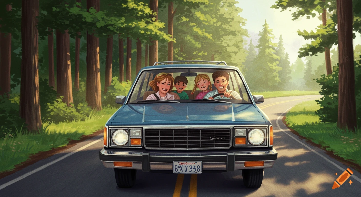 Happy family of four driving in a car on a forest road during the day.
