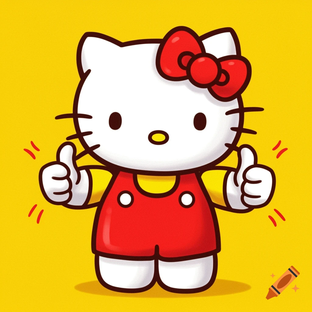 Cartoon Hello Kitty gives two thumbs up on a yellow background.