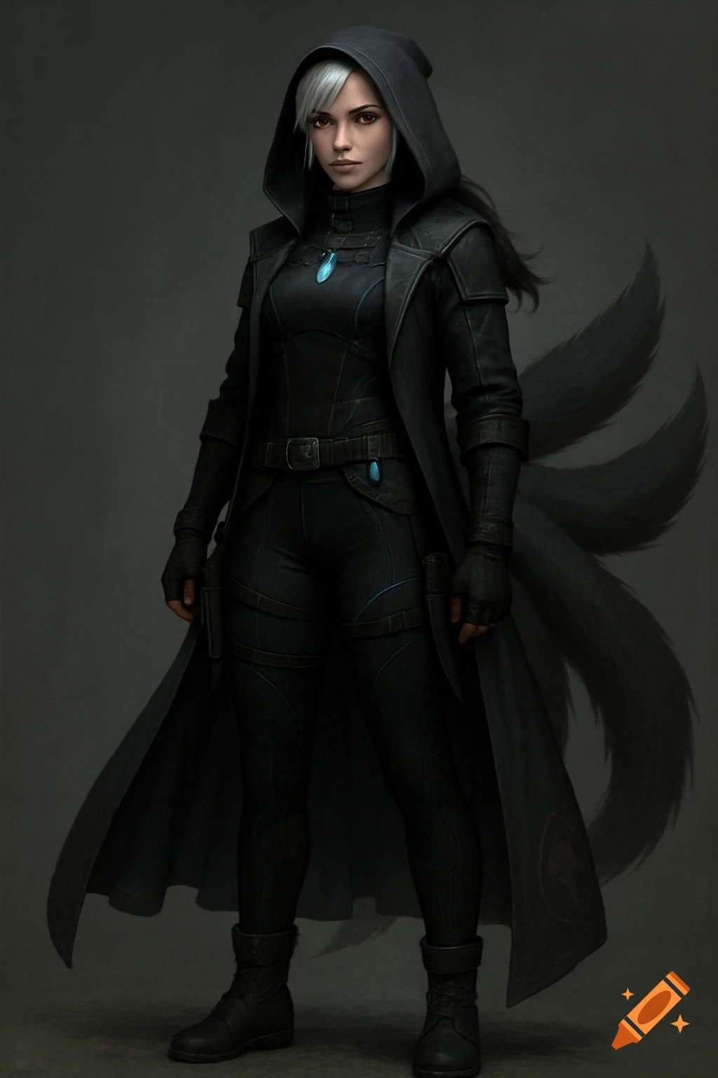 A fantasy character with white hair and multiple fox tails, wearing a dark hooded coat and tactical gear.
