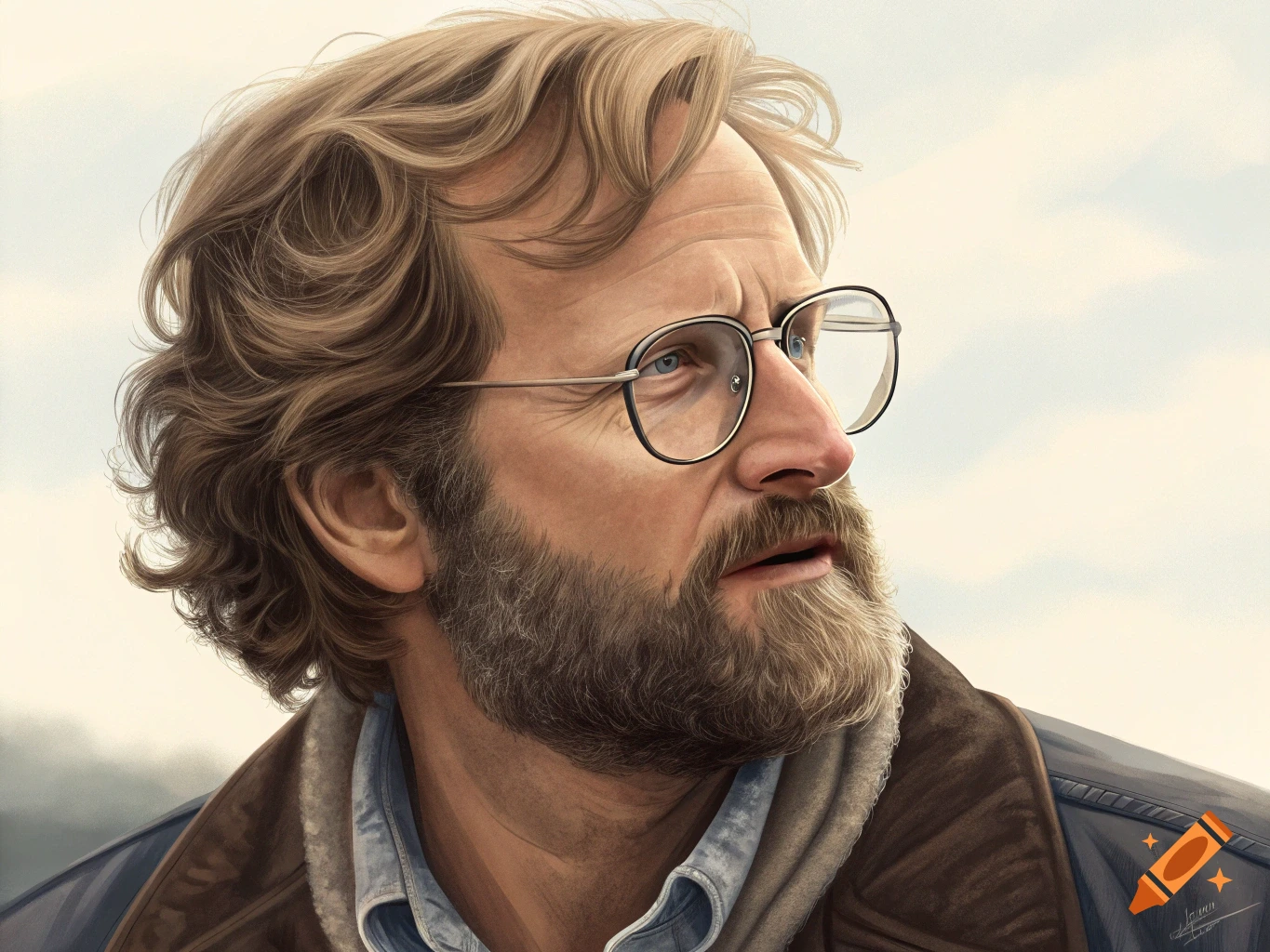 Realistic portrait painting of a man with a beard and glasses looking sideways.